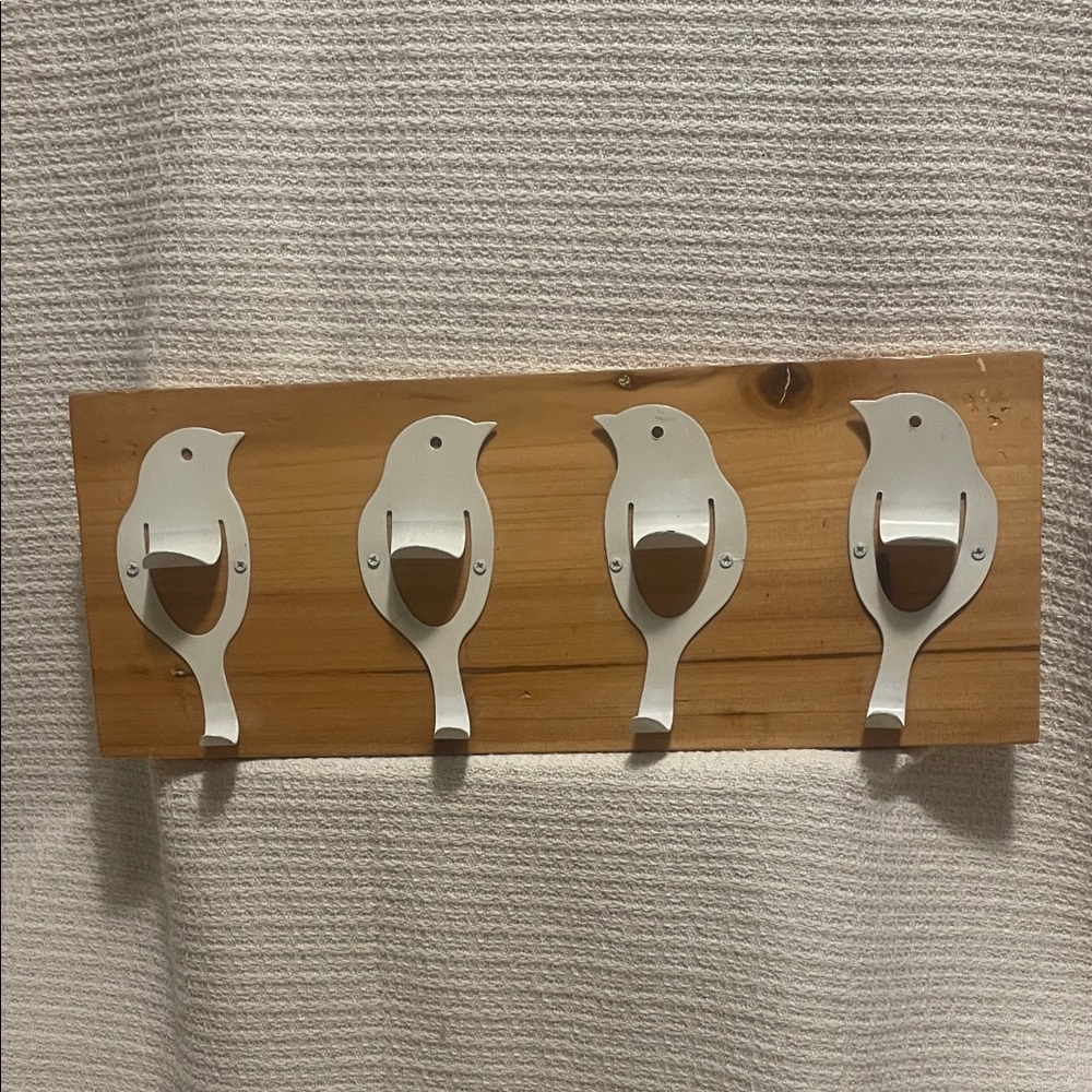 Wood Wall Hook Rack with White Bird-Shaped Hooks